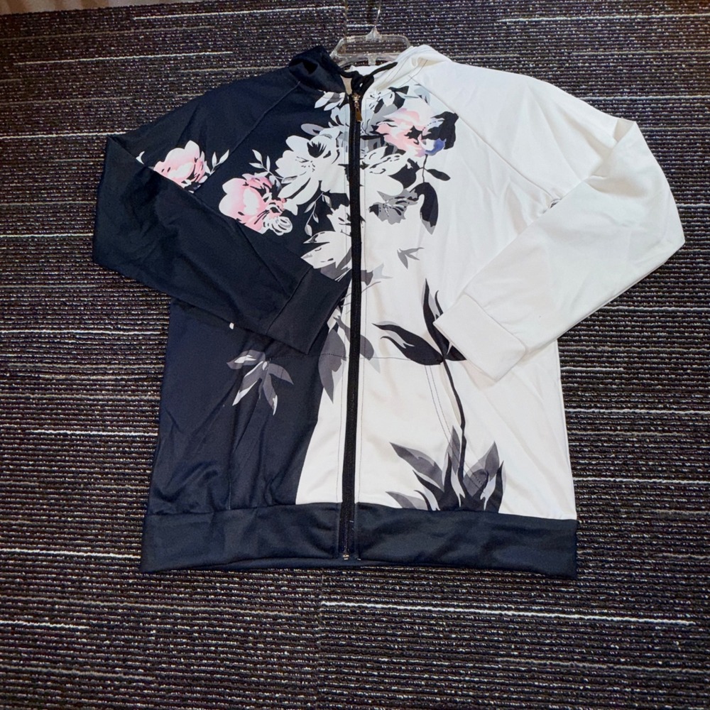 Floral Zip Hoodie Women M NWOT Black White Split Colorblock
